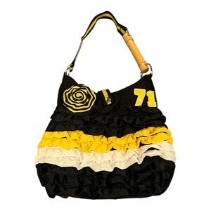 III‎ Parcel Black Yellow Ruffle Jump Rope Floral Pin Handle Gym Couture Purse
